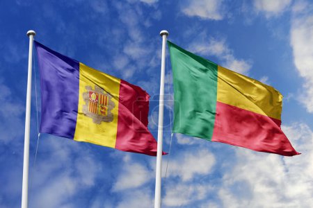 Photo for 3d illustration. Andorra and Benin Flag waving in sky. High detailed waving flag. 3D render. Waving in sky. Flags fluttered in the cloudy sky. - Royalty Free Image
