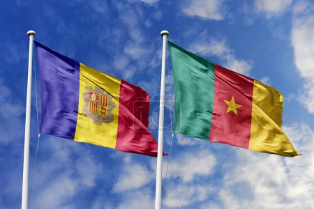 Photo for 3d illustration. Andorra and Cameroon Flag waving in sky. High detailed waving flag. 3D render. Waving in sky. Flags fluttered in the cloudy sky. - Royalty Free Image