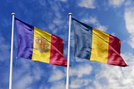 Photo for 3d illustration. Andorra and Chad Flag waving in sky. High detailed waving flag. 3D render. Waving in sky. Flags fluttered in the cloudy sky. - Royalty Free Image