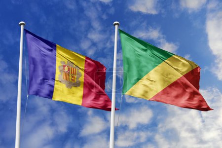 3d illustration. Andorra and Republic of the Congo Flag waving in sky. High detailed waving flag. 3D render. Waving in sky. Flags fluttered in the cloudy sky.
