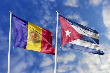 Ilustración 3d. Andorra y Cuba Bandera ondeando en el cielo. Alta bandera ondeante detallada. Representación 3D. Saludando en el cielo. Banderas ondeaban en el cielo nublado.