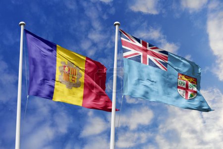 Ilustración 3d. Andorra y Fiji Bandera ondeando en el cielo. Alta bandera ondeante detallada. Representación 3D. Saludando en el cielo. Banderas ondeaban en el cielo nublado.