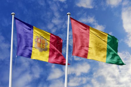 Ilustración 3d. Bandera de Andorra y Guinea ondeando en el cielo. Alta bandera ondeante detallada. Representación 3D. Saludando en el cielo. Banderas ondeaban en el cielo nublado.
