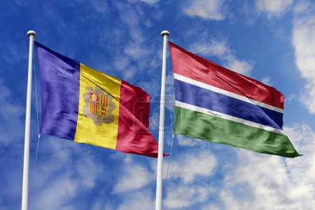 Photo for 3d illustration. Andorra and Gambia Flag waving in sky. High detailed waving flag. 3D render. Waving in sky. Flags fluttered in the cloudy sky. - Royalty Free Image