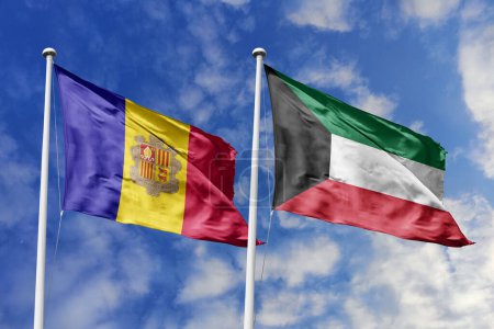 Ilustración 3d. Andorra y Kuwait Bandera ondeando en el cielo. Alta bandera ondeante detallada. Representación 3D. Saludando en el cielo. Banderas ondeaban en el cielo nublado.