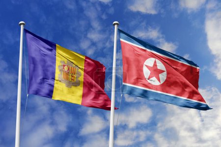 Photo for 3d illustration. Andorra and North Korea Flag waving in sky. High detailed waving flag. 3D render. Waving in sky. Flags fluttered in the cloudy sky. - Royalty Free Image
