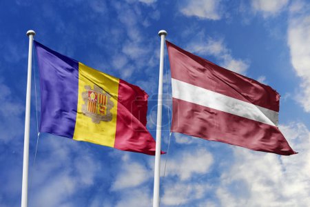 Illustration 3D. Andorre et Lettonie Drapeau agitant dans le ciel. Haut drapeau d'agitation détaillé. Un rendu 3D. Agitant dans le ciel. Des drapeaux flottaient dans le ciel nuageux.