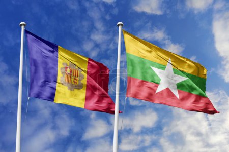 3d illustration. Andorra and Myanmar Flag waving in sky. High detailed waving flag. 3D render. Waving in sky. Flags fluttered in the cloudy sky.