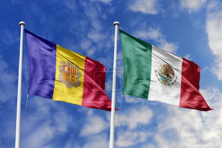 3D-Illustration. Andorra und Mexiko-Flagge wehen am Himmel. Hoch detaillierte Fahnenschwenken. 3D-Renderer. Winken im Himmel. Fahnen flatterten in den bewölkten Himmel.