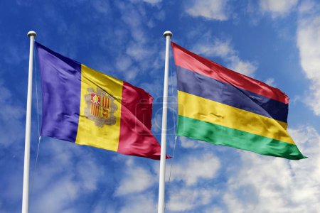 Ilustración 3d. Andorra y Mauricio Bandera ondeando en el cielo. Alta bandera ondeante detallada. Representación 3D. Saludando en el cielo. Banderas ondeaban en el cielo nublado.