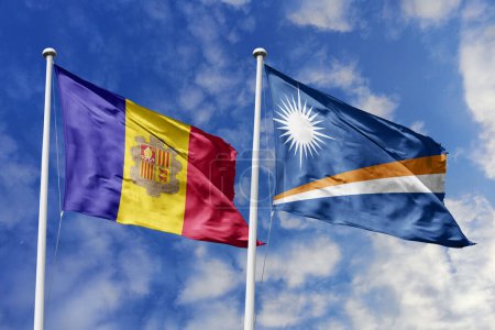 3d illustration. Andorra and Marshall IslandsFlag waving in sky. High detailed waving flag. 3D render. Waving in sky. Flags fluttered in the cloudy sky.