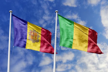 Ilustración 3d. Bandera de Andorra y Malí ondeando en el cielo. Alta bandera ondeante detallada. Representación 3D. Saludando en el cielo. Banderas ondeaban en el cielo nublado.