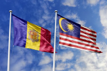 3D-Illustration. Die Flaggen Andorras und Malaysias wehen am Himmel. Hoch detaillierte Fahnenschwenken. 3D-Renderer. Winken im Himmel. Fahnen flatterten in den bewölkten Himmel.