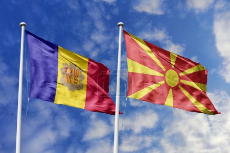 Photo for 3d illustration. Andorra and North Macedonia Flag waving in sky. High detailed waving flag. 3D render. Waving in sky. Flags fluttered in the cloudy sky. - Royalty Free Image