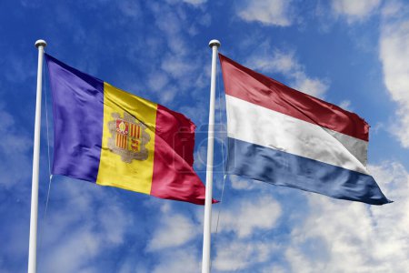 Photo for 3d illustration. Andorra and Netherlands Flag waving in sky. High detailed waving flag. 3D render. Waving in sky. Flags fluttered in the cloudy sky. - Royalty Free Image