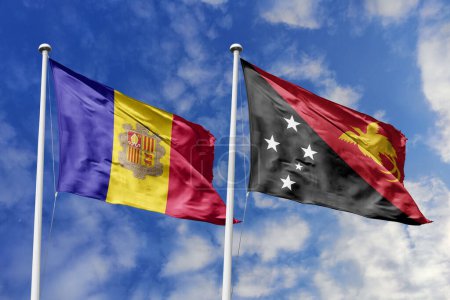 3D-Illustration. Andorra und Papua-Neuguinea-Flagge wehen am Himmel. Hoch detaillierte Fahnenschwenken. 3D-Renderer. Winken im Himmel. Fahnen flatterten in den bewölkten Himmel.