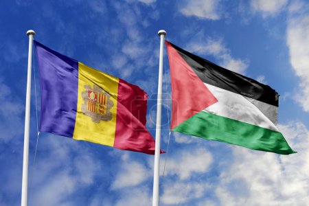 Ilustración 3d. Andorra y Palestina Bandera ondeando en el cielo. Alta bandera ondeante detallada. Representación 3D. Saludando en el cielo. Banderas ondeaban en el cielo nublado.