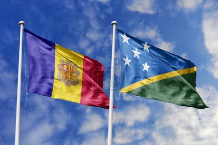 3d illustration. Andorra and Solomon Islands Flag waving in sky. High detailed waving flag. 3D render. Waving in sky. Flags fluttered in the cloudy sky.