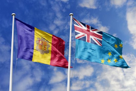 3D-Illustration. Die Flaggen Andorras und Tuvalus wehen am Himmel. Hoch detaillierte Fahnenschwenken. 3D-Renderer. Winken im Himmel. Fahnen flatterten in den bewölkten Himmel.