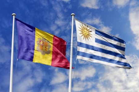 3D-Illustration. Die Flaggen Andorras und Uruguays wehen am Himmel. Hoch detaillierte Fahnenschwenken. 3D-Renderer. Winken im Himmel. Fahnen flatterten in den bewölkten Himmel.