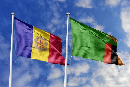 Ilustración 3d. Bandera de Andorra y Zambia ondeando en el cielo. Alta bandera ondeante detallada. Representación 3D. Saludando en el cielo. Banderas ondeaban en el cielo nublado.