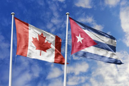 Ilustración 3d. Bandera de Canadá y Cuba ondeando en el cielo. Alta bandera ondeante detallada. Representación 3D. Saludando en el cielo. Banderas ondeaban en el cielo nublado.