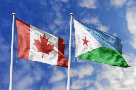 Photo for 3d illustration. Canada and Djibouti Flag waving in sky. High detailed waving flag. 3D render. Waving in sky. Flags fluttered in the cloudy sky. - Royalty Free Image
