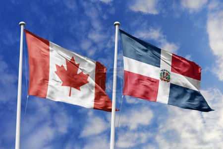 Photo for 3d illustration. Canada and Dominican Republic Flag waving in sky. High detailed waving flag. 3D render. Waving in sky. Flags fluttered in the cloudy sky. - Royalty Free Image