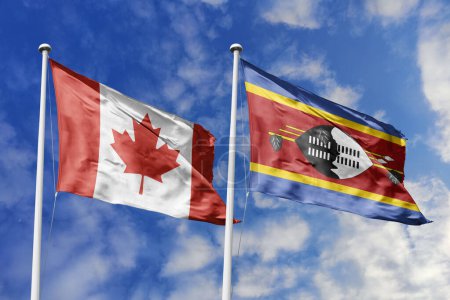 3D-Illustration. Kanada und Swasiland schwenken Flaggen am Himmel. Hoch detaillierte Fahnenschwenken. 3D-Renderer. Winken im Himmel. Fahnen flatterten in den bewölkten Himmel.