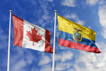 3D-Illustration. Kanada und Ecuador schwenken Flaggen am Himmel. Hoch detaillierte Fahnenschwenken. 3D-Renderer. Winken im Himmel. Fahnen flatterten in den bewölkten Himmel.