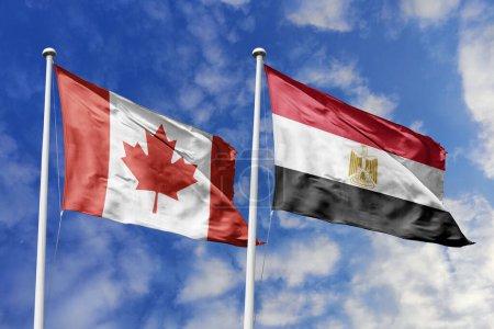 Photo for 3d illustration. Canada and Egypt Flag waving in sky. High detailed waving flag. 3D render. Waving in sky. Flags fluttered in the cloudy sky. - Royalty Free Image