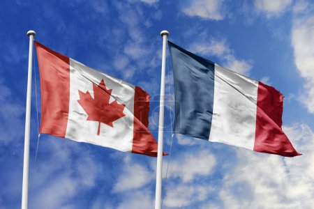 Photo for 3d illustration. Canada and France Flag waving in sky. High detailed waving flag. 3D render. Waving in sky. Flags fluttered in the cloudy sky. - Royalty Free Image