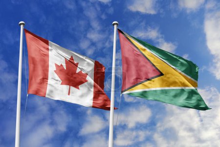 3d illustration. Canada and Guyana Flag waving in sky. High detailed waving flag. 3D render. Waving in sky. Flags fluttered in the cloudy sky.