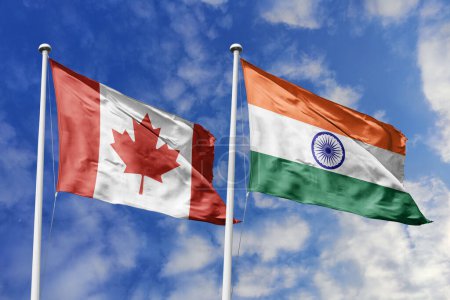 3D-Illustration. Die kanadische und indische Flagge weht am Himmel. Hoch detaillierte Fahnenschwenken. 3D-Renderer. Winken im Himmel. Fahnen flatterten in den bewölkten Himmel.
