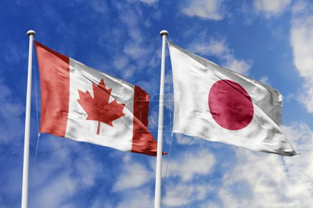 Photo for 3d illustration. Canada and Japan Flag waving in sky. High detailed waving flag. 3D render. Waving in sky. Flags fluttered in the cloudy sky. - Royalty Free Image