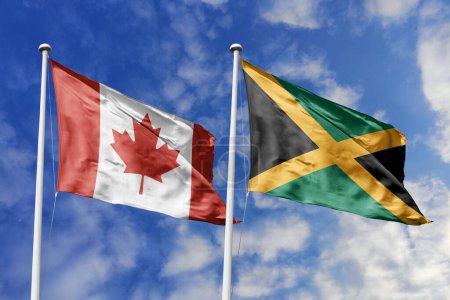 Photo for 3d illustration. Canada and Jamaica  Flag waving in sky. High detailed waving flag. 3D render. Waving in sky. Flags fluttered in the cloudy sky. - Royalty Free Image