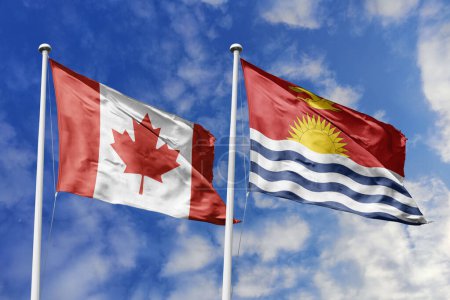 Ilustración 3d. Bandera de Canadá y Kiribati ondeando en el cielo. Alta bandera ondeante detallada. Representación 3D. Saludando en el cielo. Banderas ondeaban en el cielo nublado.