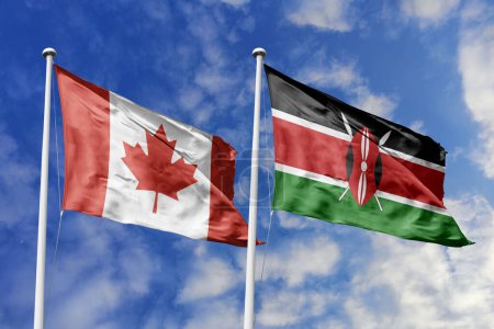 Ilustración 3d. Bandera de Canadá y Kenia ondeando en el cielo. Alta bandera ondeante detallada. Representación 3D. Saludando en el cielo. Banderas ondeaban en el cielo nublado.