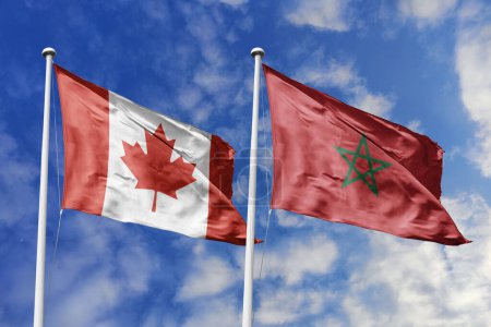 Photo for 3d illustration. Canada and Morocco Flag waving in sky. High detailed waving flag. 3D render. Waving in sky. Flags fluttered in the cloudy sky. - Royalty Free Image
