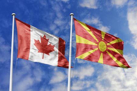 3D-Illustration. Die Flagge Kanadas und Nordmakedoniens weht am Himmel. Hoch detaillierte Fahnenschwenken. 3D-Renderer. Winken im Himmel. Fahnen flatterten in den bewölkten Himmel.