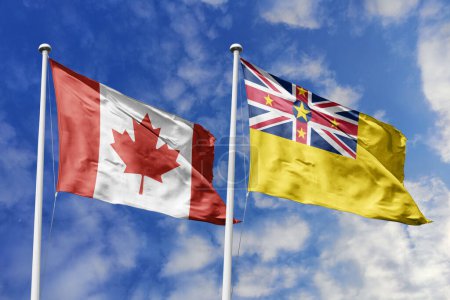 3d illustration. Canada and Niue Flag waving in sky. High detailed waving flag. 3D render. Waving in sky. Flags fluttered in the cloudy sky.