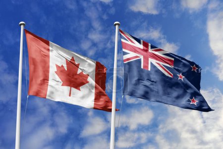 Ilustración 3d. Bandera de Canadá y Nueva Zelanda ondeando en el cielo. Alta bandera ondeante detallada. Representación 3D. Saludando en el cielo. Banderas ondeaban en el cielo nublado.