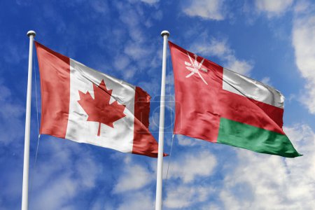 Ilustración 3d. Canada and OmanFlag ondeando en el cielo. Alta bandera ondeante detallada. Representación 3D. Saludando en el cielo. Banderas ondeaban en el cielo nublado.
