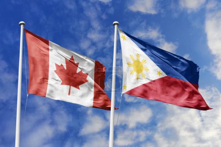 Photo for 3d illustration. Canada and Philippines Flag waving in sky. High detailed waving flag. 3D render. Waving in sky. Flags fluttered in the cloudy sky. - Royalty Free Image
