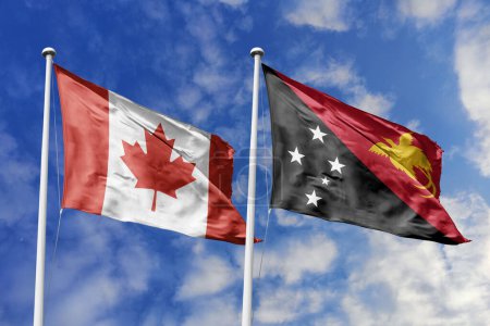 Photo for 3d illustration. Canada and Papua New Guinea Flag waving in sky. High detailed waving flag. 3D render. Waving in sky. Flags fluttered in the cloudy sky. - Royalty Free Image