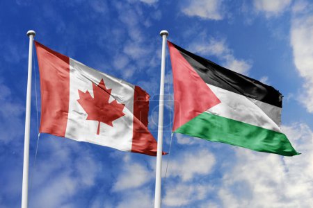 3D-Illustration. Kanadas und Palästinas Flagge weht am Himmel. Hoch detaillierte Fahnenschwenken. 3D-Renderer. Winken im Himmel. Fahnen flatterten in den bewölkten Himmel.