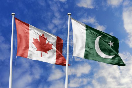 3D-Illustration. Die Flagge Kanadas und Pakistans weht am Himmel. Hoch detaillierte Fahnenschwenken. 3D-Renderer. Winken im Himmel. Fahnen flatterten in den bewölkten Himmel.