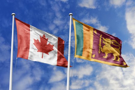 3D-Illustration. Kanadas und Sri Lankas Flagge weht im Himmel. Hoch detaillierte Fahnenschwenken. 3D-Renderer. Winken im Himmel. Fahnen flatterten in den bewölkten Himmel.