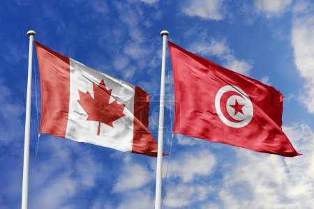 Photo for 3d illustration. Canada and Tunisia Flag waving in sky. High detailed waving flag. 3D render. Waving in sky. Flags fluttered in the cloudy sky. - Royalty Free Image