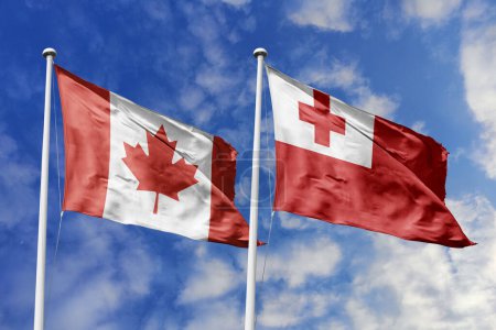 Photo for 3d illustration. Canada and Tonga Flag waving in sky. High detailed waving flag. 3D render. Waving in sky. Flags fluttered in the cloudy sky. - Royalty Free Image